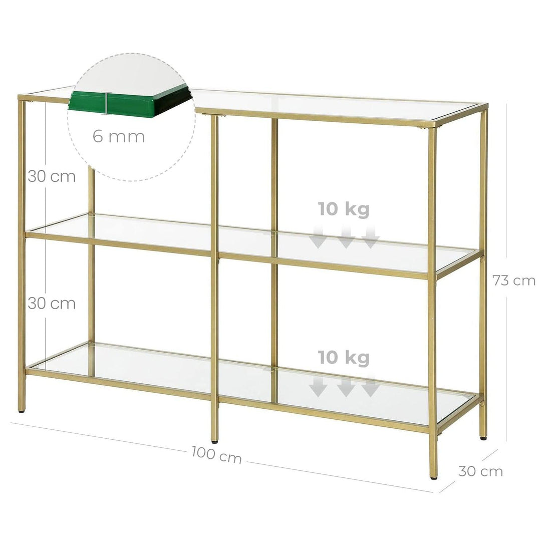 Sklenený konzolový stolík, s kovovým rámom, zlatá farba | VASAGLE-Vashome.sk
