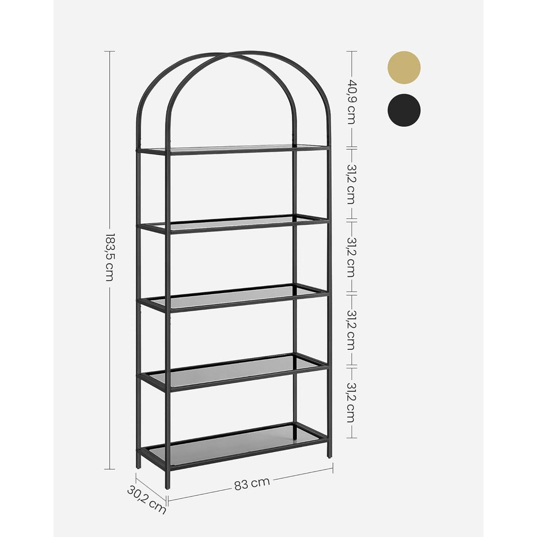 Sklenený regál, 5-úrovňová polica, oblúkový dizajn, oceľový rám, čierny | VASAGLE-Vashome.sk