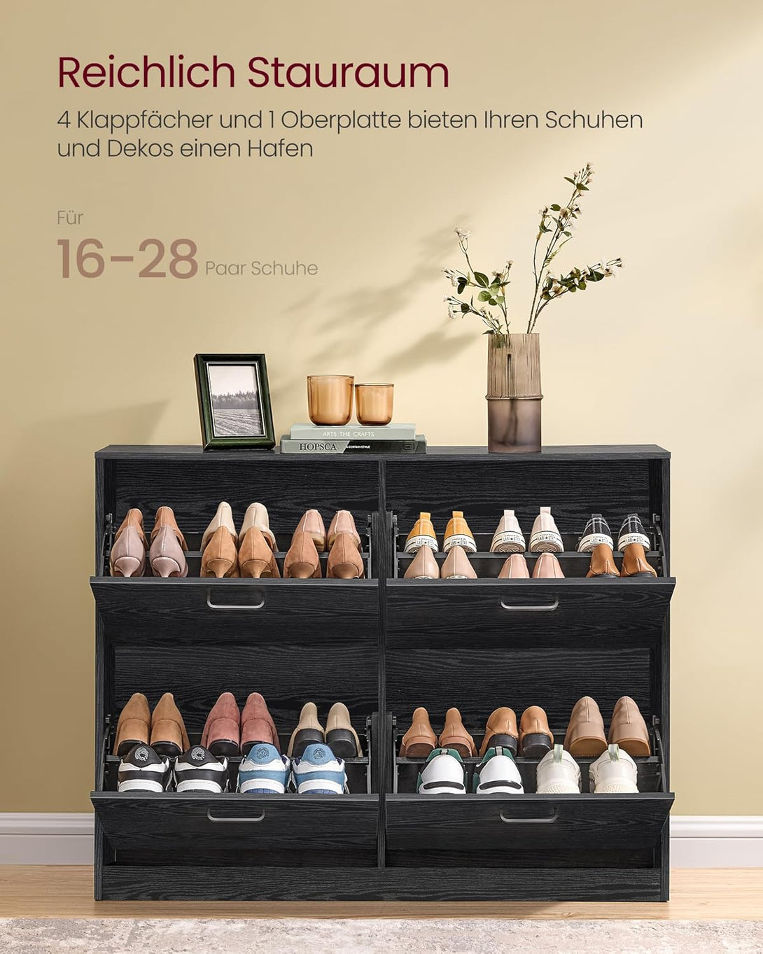 Skrinka na topánky so 4 výklopnými dvierkami, botník, 24 x 105,5 x 82,7 cm, čierna-Vashome.sk
