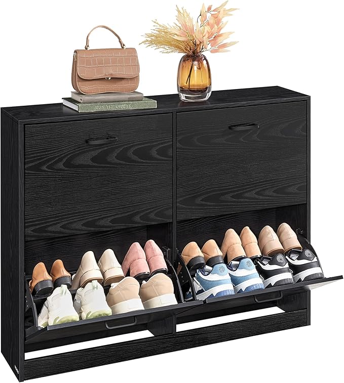 Skrinka na topánky so 4 výklopnými dvierkami, botník, 24 x 105,5 x 82,7 cm, čierna-Vashome.sk