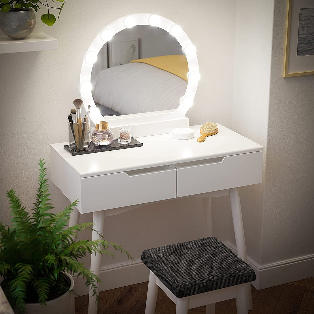 Súprava toaletného stolíka so zrkadlom a s osvetlením, 2 veľké posuvné zásuvky a čalúnená stolička, biela-Vashome.sk