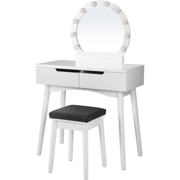 Súprava toaletného stolíka so zrkadlom a s osvetlením, 2 veľké posuvné zásuvky a čalúnená stolička, biela-Vashome.sk