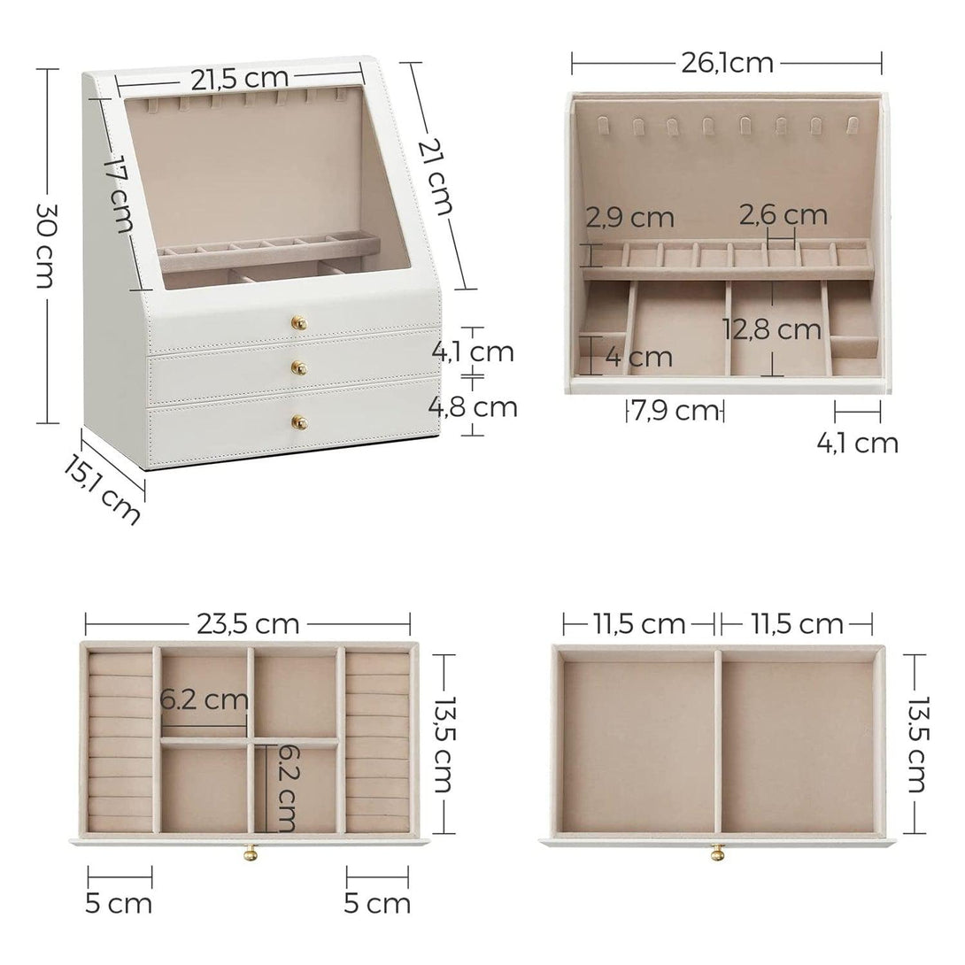 SONGMICS Šperkovnica 3-poschodová, šikmé sklenené okno, 2 zásuvky, biela-Vashome.sk