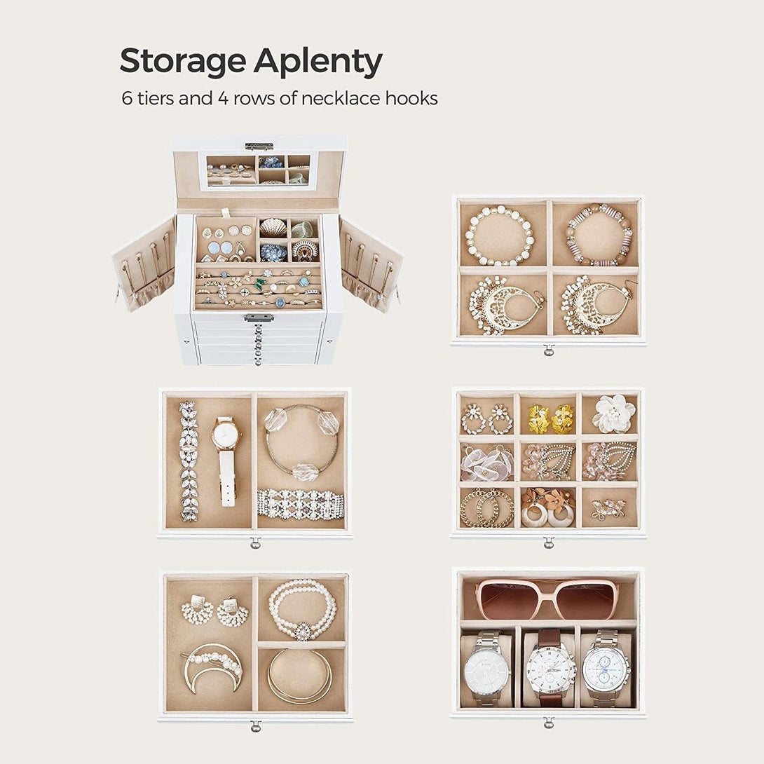 Šperkovnica 6-poschodová so zásuvkami, zrkadlom, uzamykateľná, biela | SONGMICS