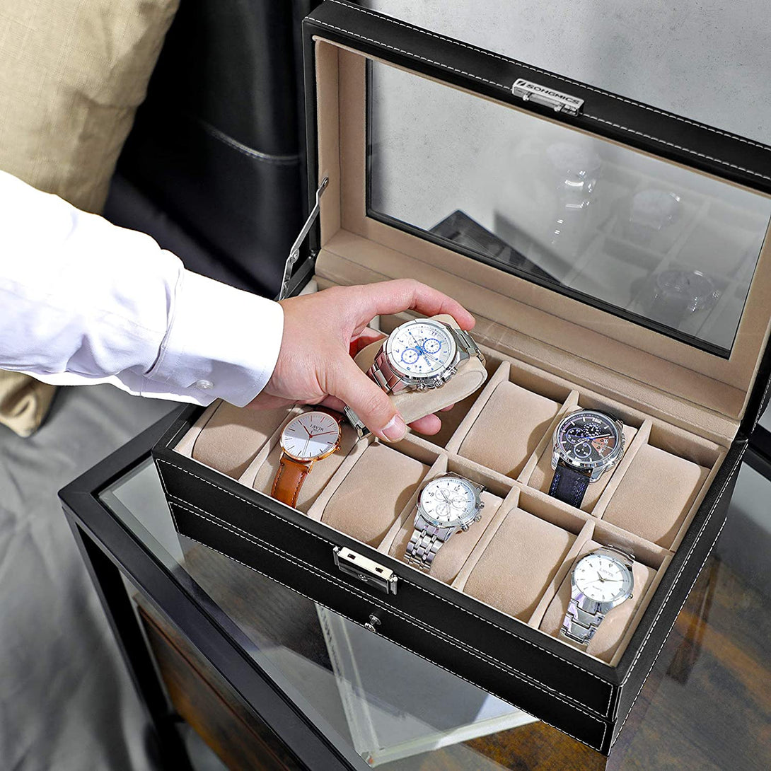 Šperkovnica a box na hodinky so skleneným vekom, 32,5 x 11,5 x 19,5 cm, čierna-Vashome.sk