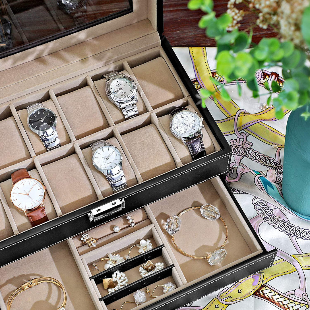 Šperkovnica a box na hodinky so skleneným vekom, 32,5 x 11,5 x 19,5 cm, čierna-Vashome.sk