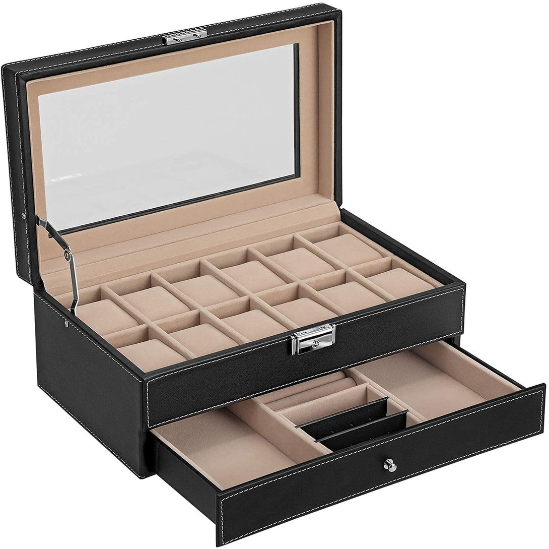 Šperkovnica a box na hodinky so skleneným vekom, 32,5 x 11,5 x 19,5 cm, čierna-Vashome.sk