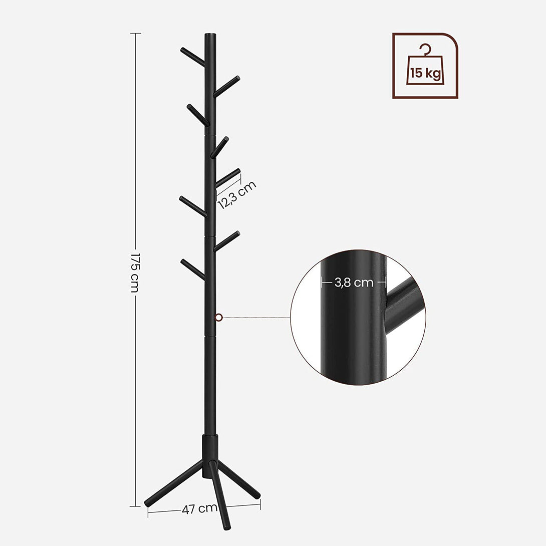VASAGLE Stojací vešiak v tvare stromu s 8 háčikmi, 3 možnosti výšky, čierny-Vashome.sk