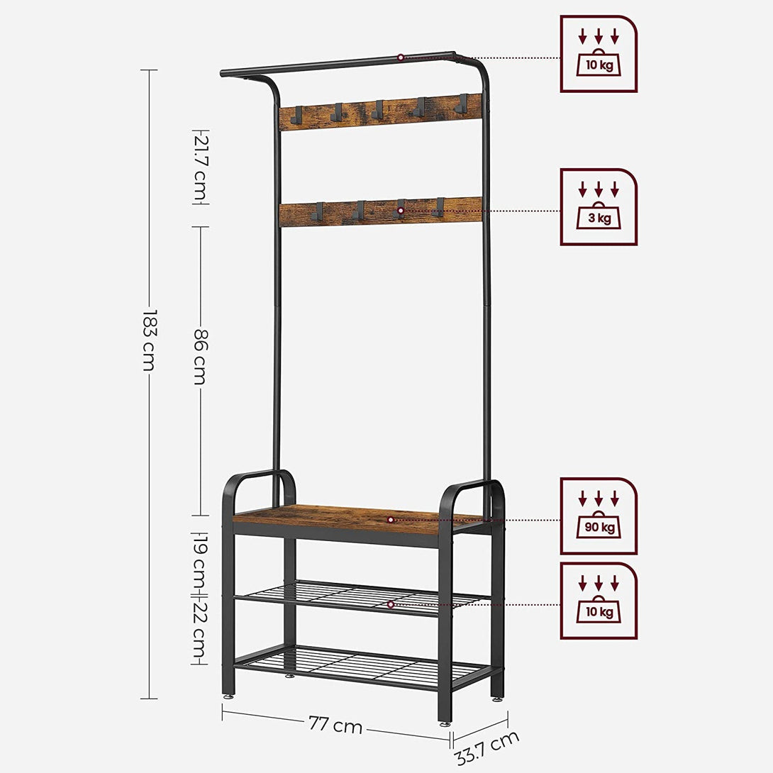 VASAGLE Vešiakový stojan na kabáty s 9 háčikmi a botníkom, výška 183 cm-Vashome.sk