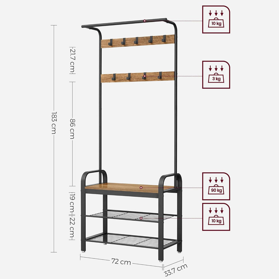 Stojan na kabáty s lavicou, predsieňová stena s 9 háčikmi, rustikálny orech | VASAGLE-Vashome.sk