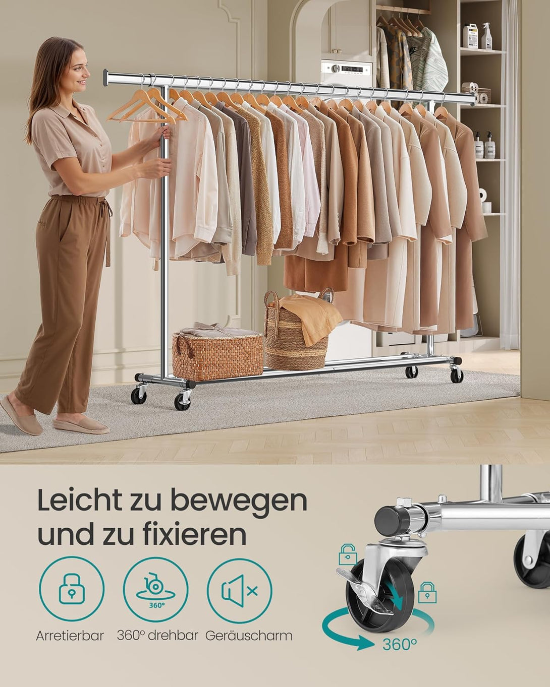 Stojan na šaty, vešiak na oblečenie na kolieskach, nosnosť 150 kg, strieborný-Vashome.sk