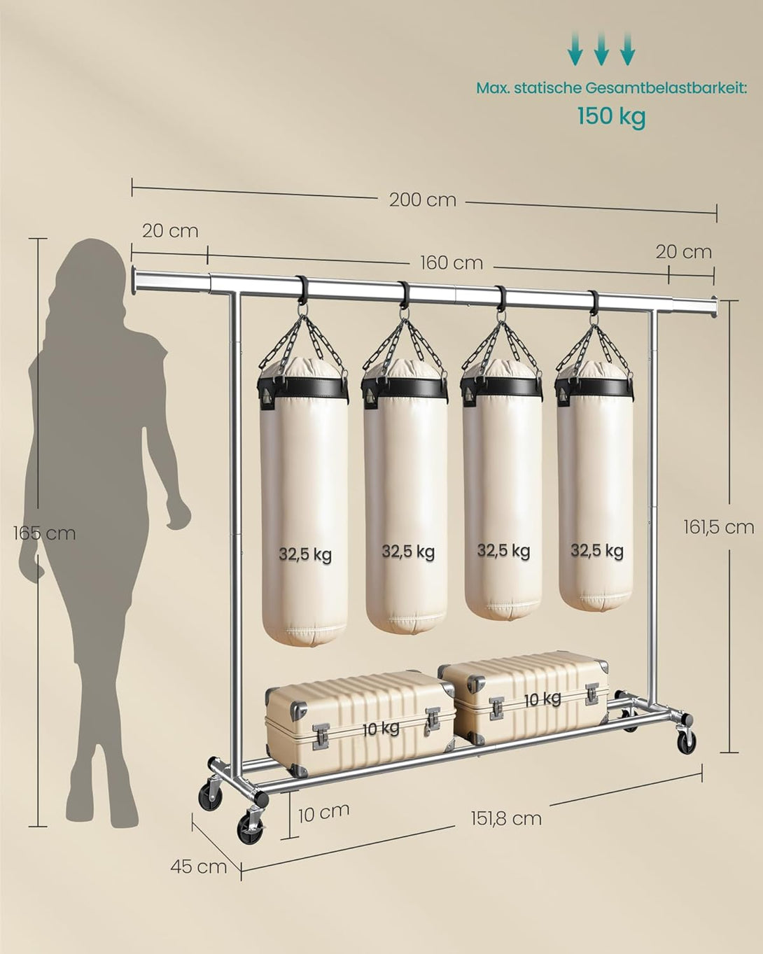 Stojan na šaty, vešiak na oblečenie na kolieskach, nosnosť 150 kg, strieborný-Vashome.sk