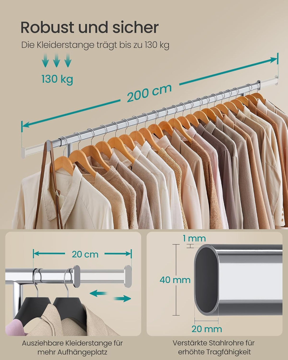 Stojan na šaty, vešiak na oblečenie na kolieskach, nosnosť 150 kg, strieborný-Vashome.sk