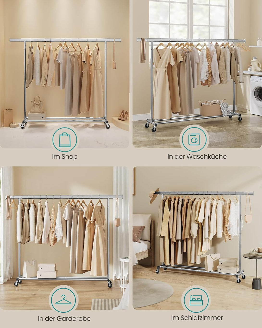Stojan na šaty, vešiak na oblečenie na kolieskach, nosnosť 150 kg, strieborný-Vashome.sk