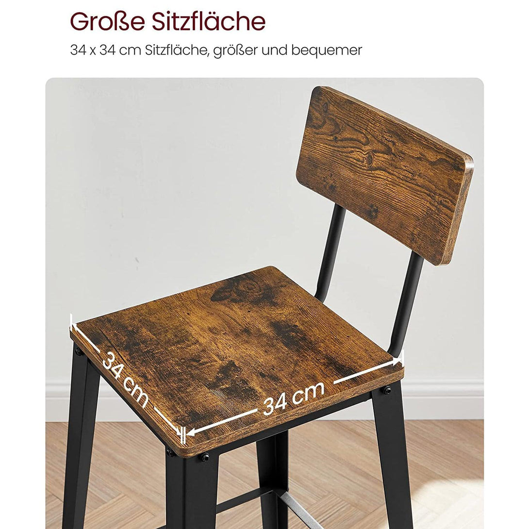 VASAGLE Súprava 2 ks barových stoličiek s operadlom, oceľový rám, vintage hnedé a čierne
