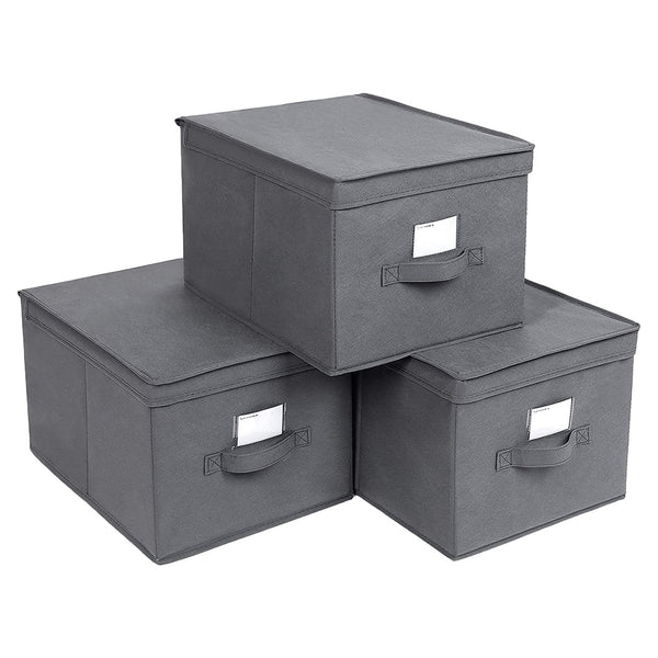 SONGMICS Súprava 3 skladacích úložných boxov s vrchnákom a štítkami 40 x 30 x 25 cm, sivé