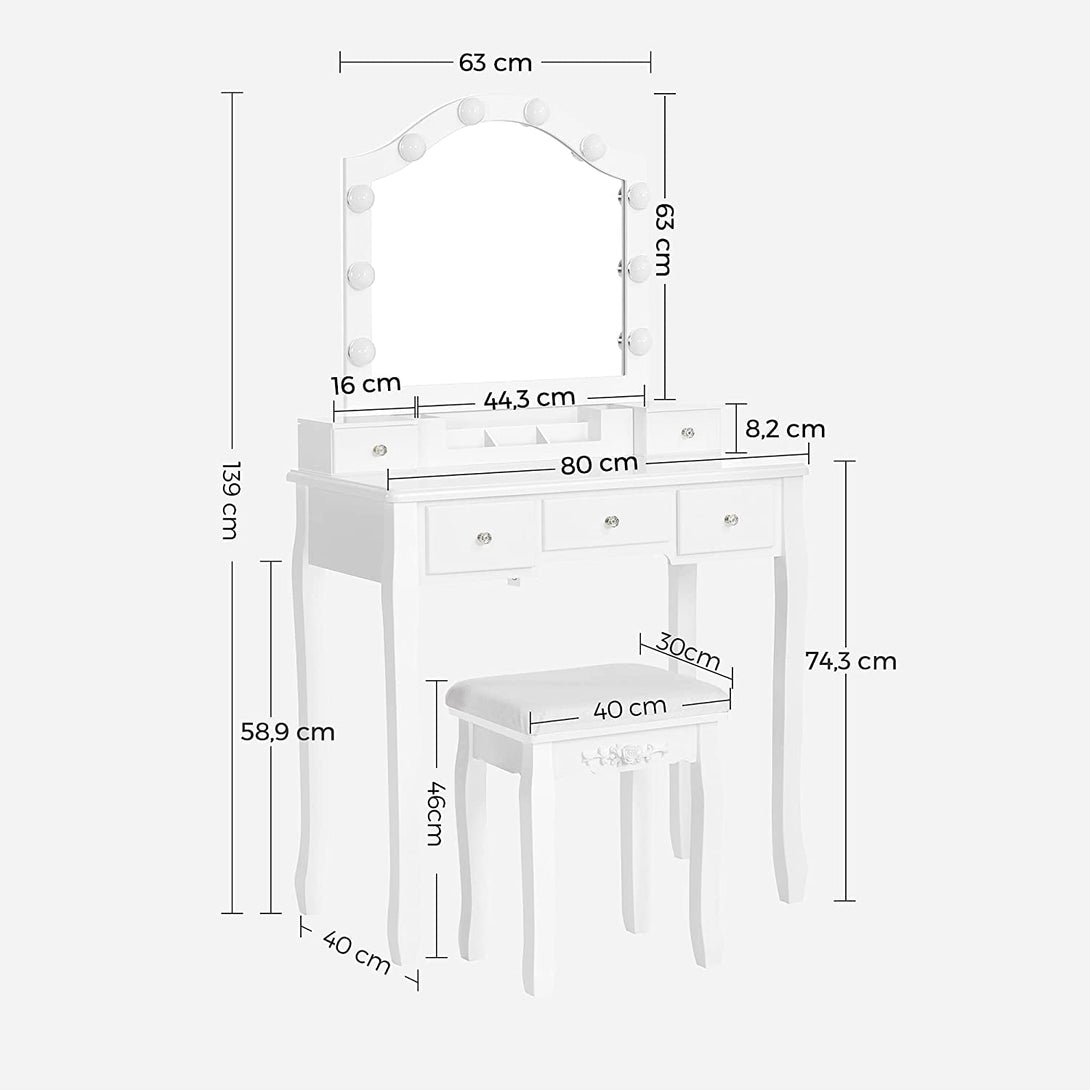 VASAGLE súprava toaletného stolíka s čalúnenou stoličkou, 80 x 139 x 40 cm, biela-Vashome.sk