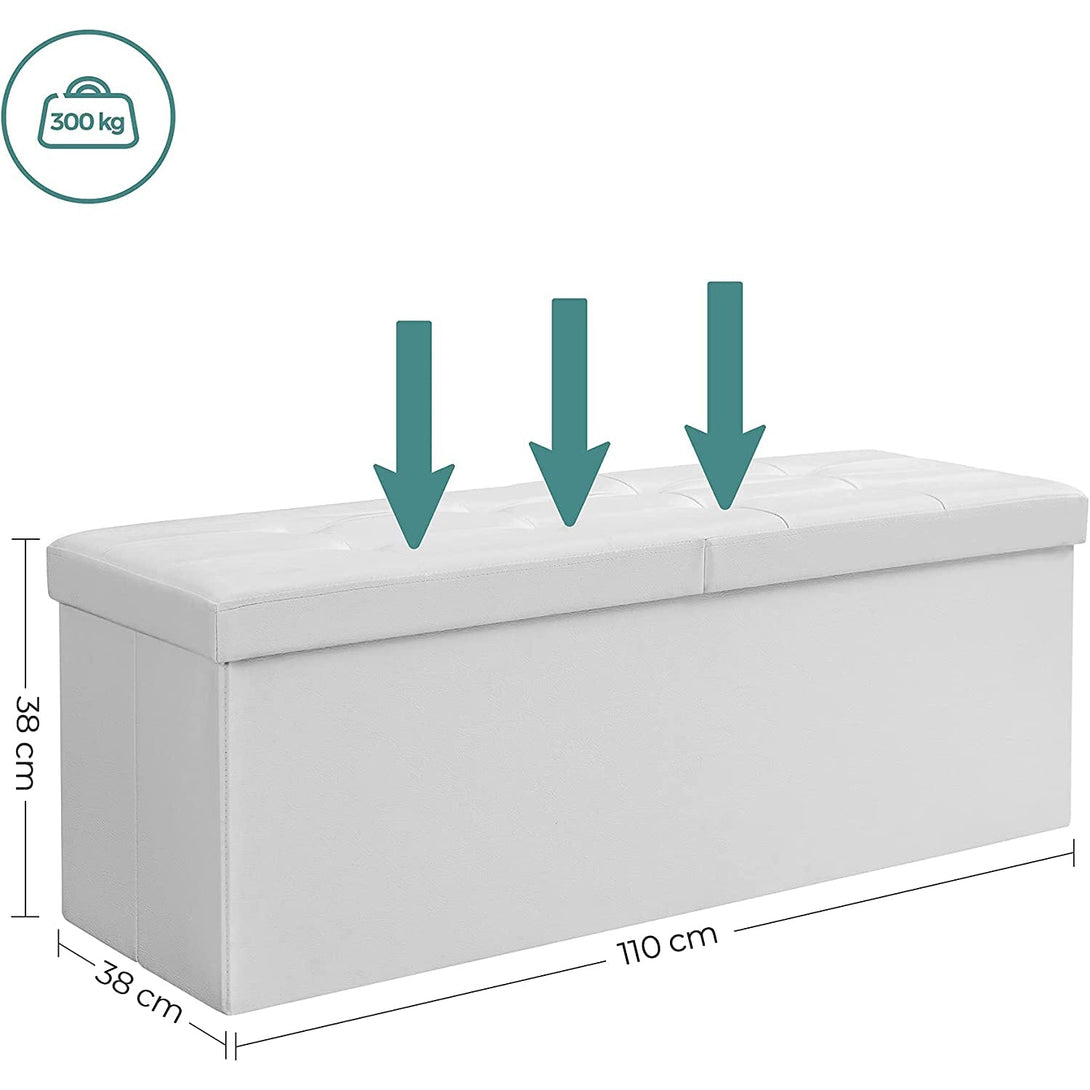 SONGMICS Skladací sedací box, lavica s úložným priestorom 120L, nosnosť do 300 kg, syntetická koža, biely-Vashome.sk