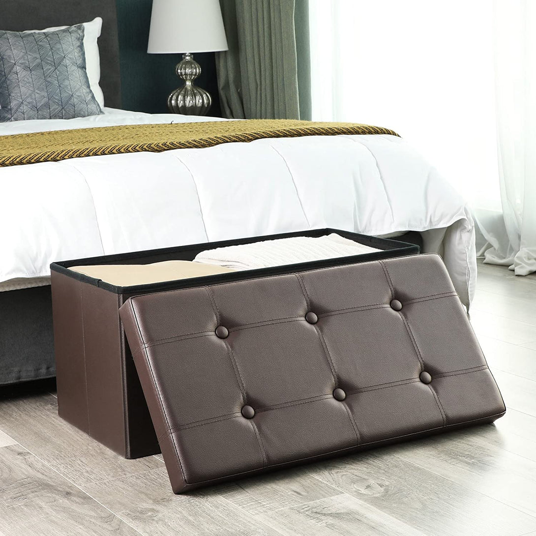 SONGMICS Skladateľná úložná lavica, pre 2 osoby, nosnosť do 300 kg, syntetická koža, 76x38x38 cm, hnedá-Vashome.sk