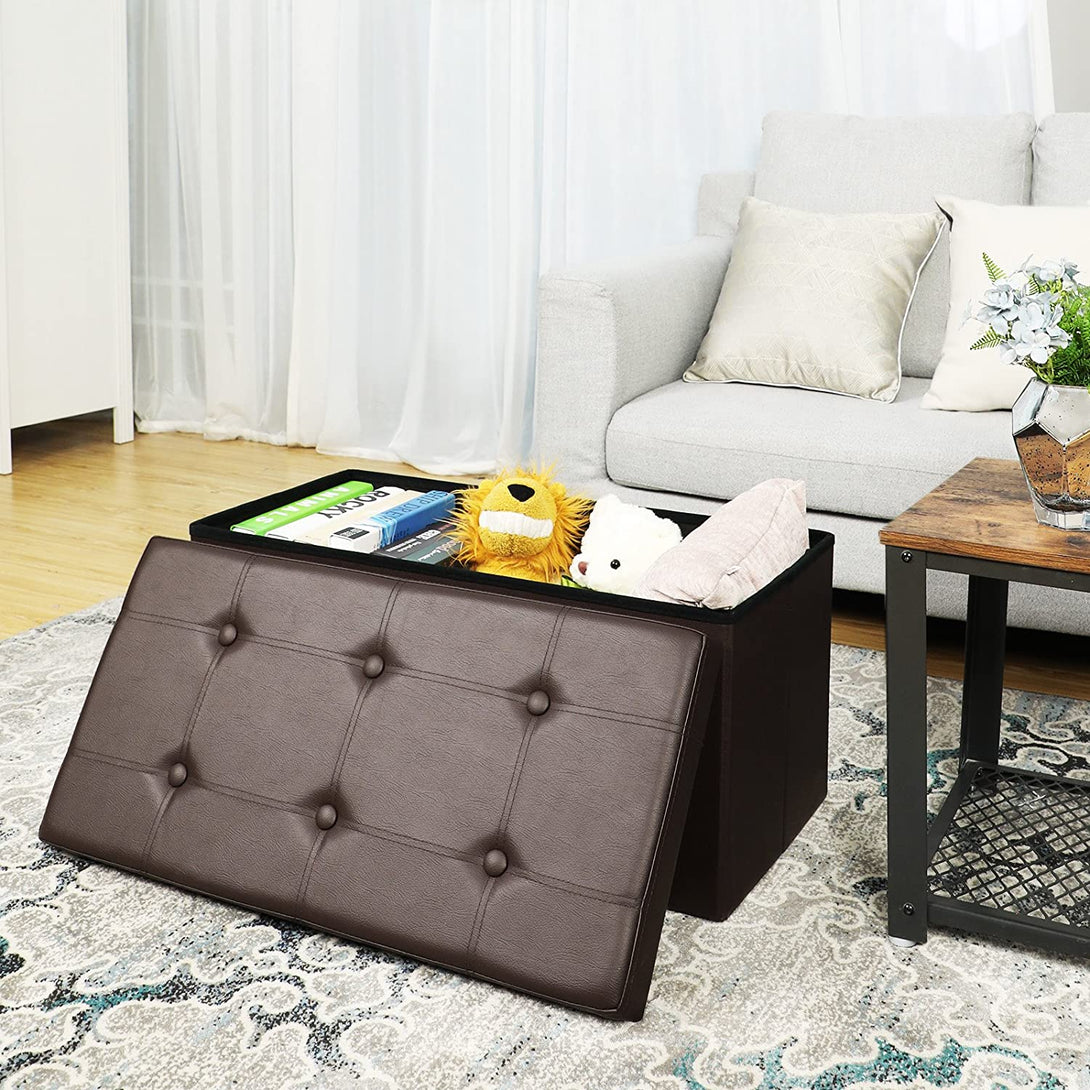 SONGMICS Skladateľná úložná lavica, pre 2 osoby, nosnosť do 300 kg, syntetická koža, 76x38x38 cm, hnedá-Vashome.sk