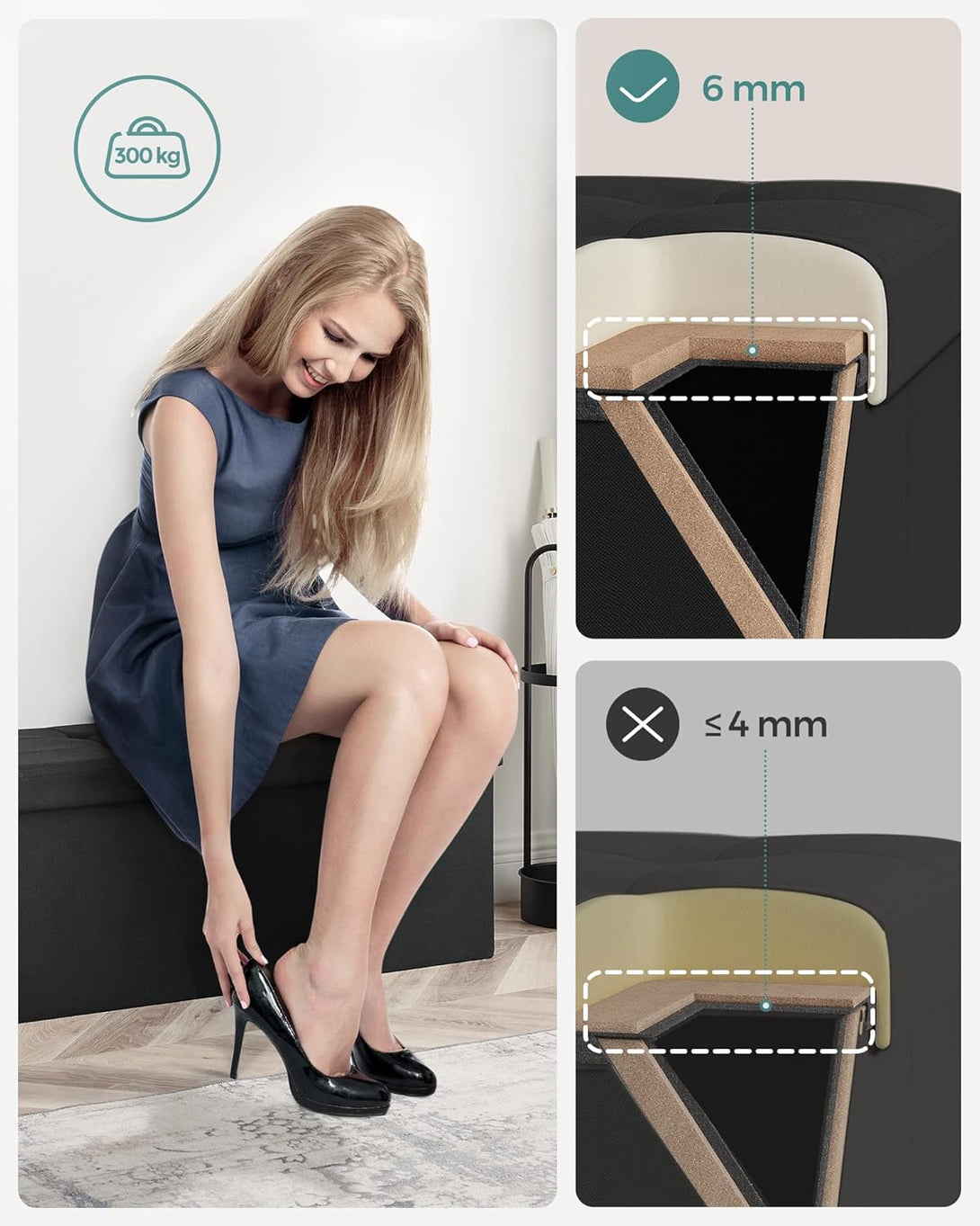 SONGMICS tárolós ülőke – összecsukható pad, 38 × 110 × 38 cm, tinta­fekete színben-Vashome.sk