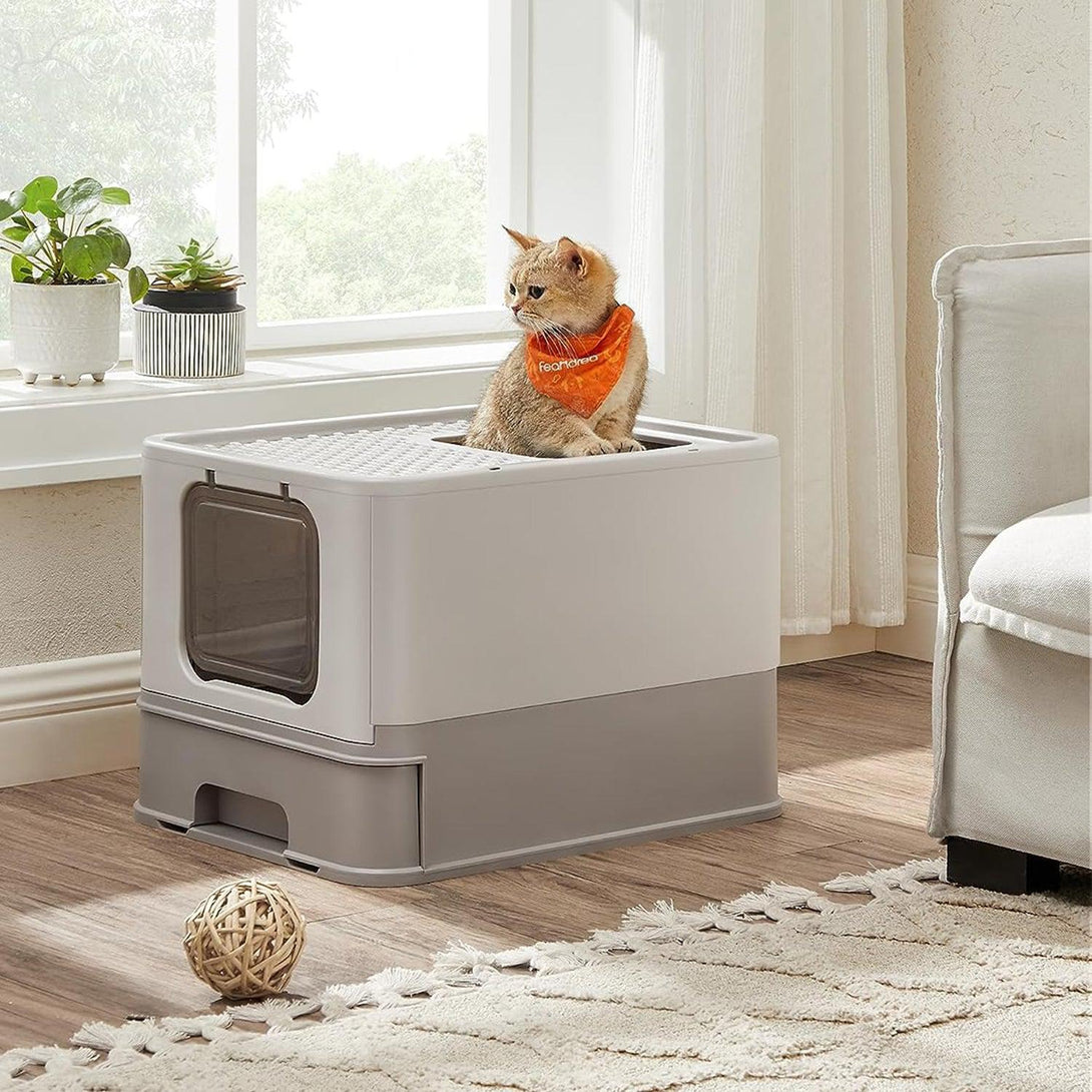 Toaleta pre mačky s vekom a výsuvným podnosom, krytá podstielka, sivá | FEANDREA-Vashome.sk