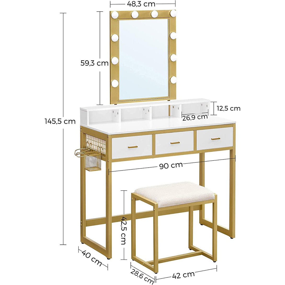 Toaletný stolík s LED osvetlením, 90 x 145,5 x 40 cm, farba biele zlato-Vashome.sk