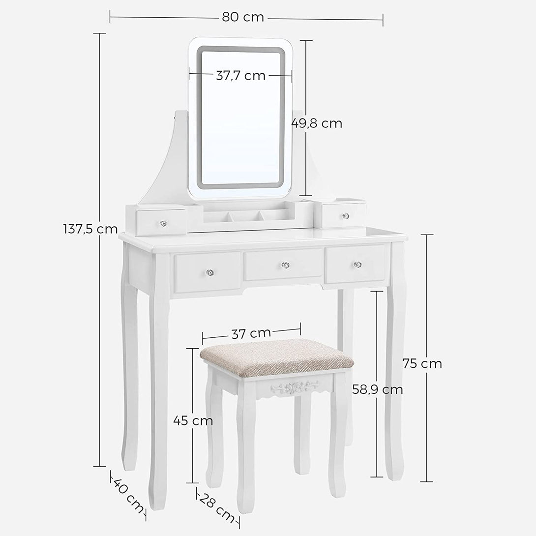 VASAGLE Toaletný stolík s LED osvetlením, 80 x 137,5 x 40 cm, biely-Vashome.sk