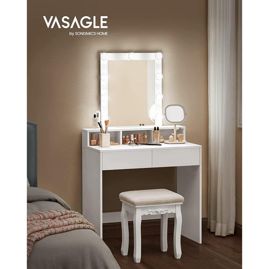 Toaletný stolík so zrkadlom a žiarovkami, biely | VASAGLE-Vashome.sk