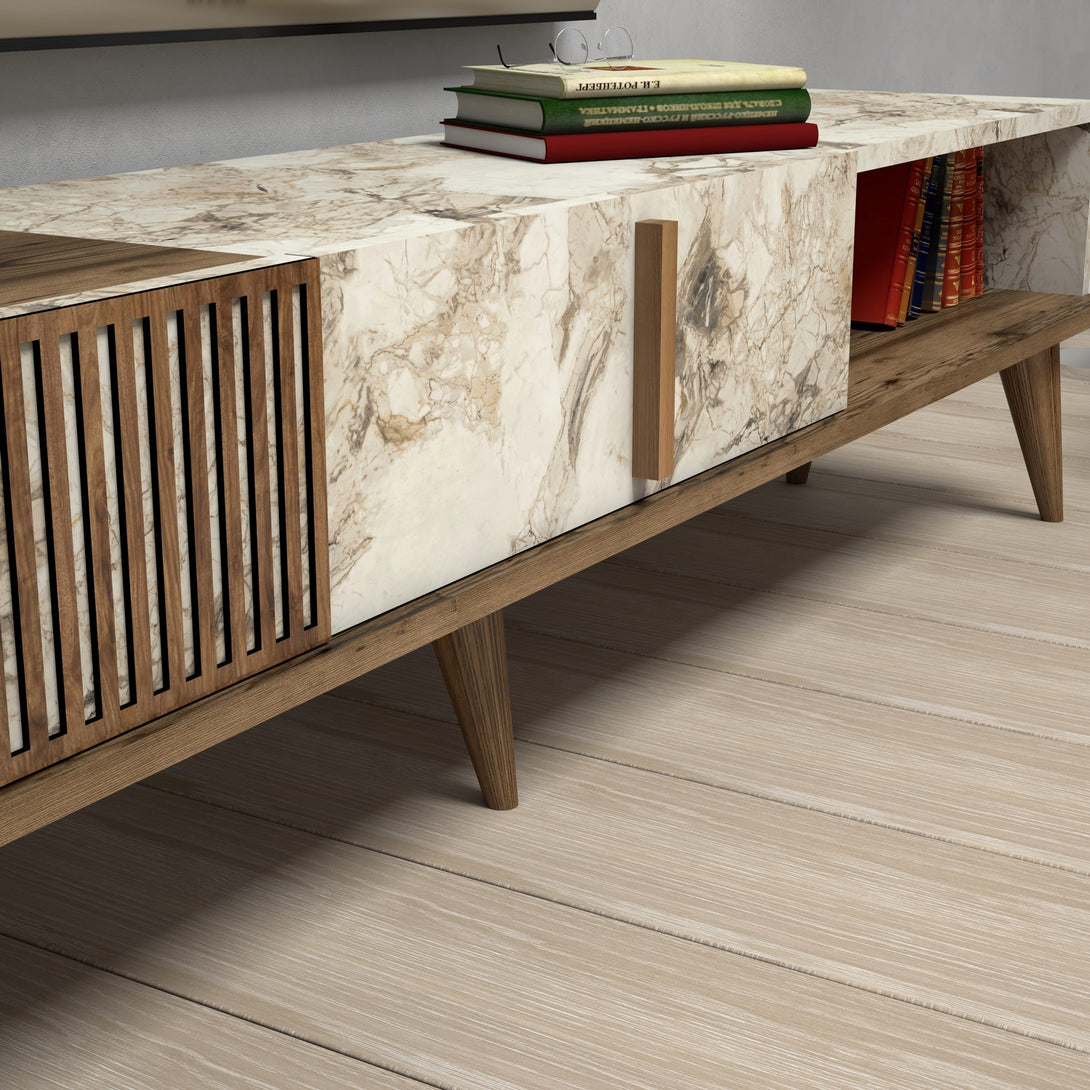TV szekrény Milan - Walnut, White Marble-Vashome.sk