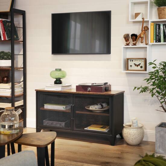 VASAGLE TV skrinka, 100 x 35 x 55,5 cm, rustikálna hnedá, čierna-Vashome.sk