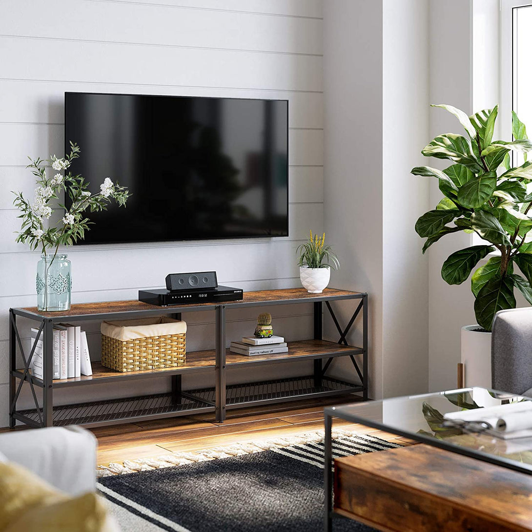 TV stolík pre televízory do 70" s oceľovým rámom X, predĺžený, rustikálny hnedý | VASAGLE