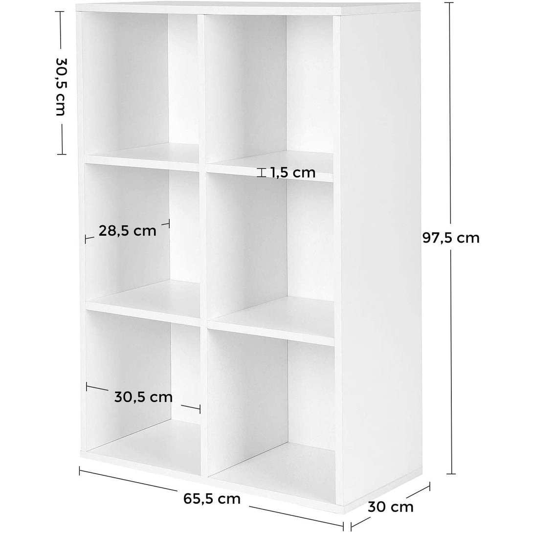 Úložná polica so 6 priehradkami, 3-úrovňová polica na knihy, 65,5 x 30 x 97,5 cm, biela-Vashome.sk