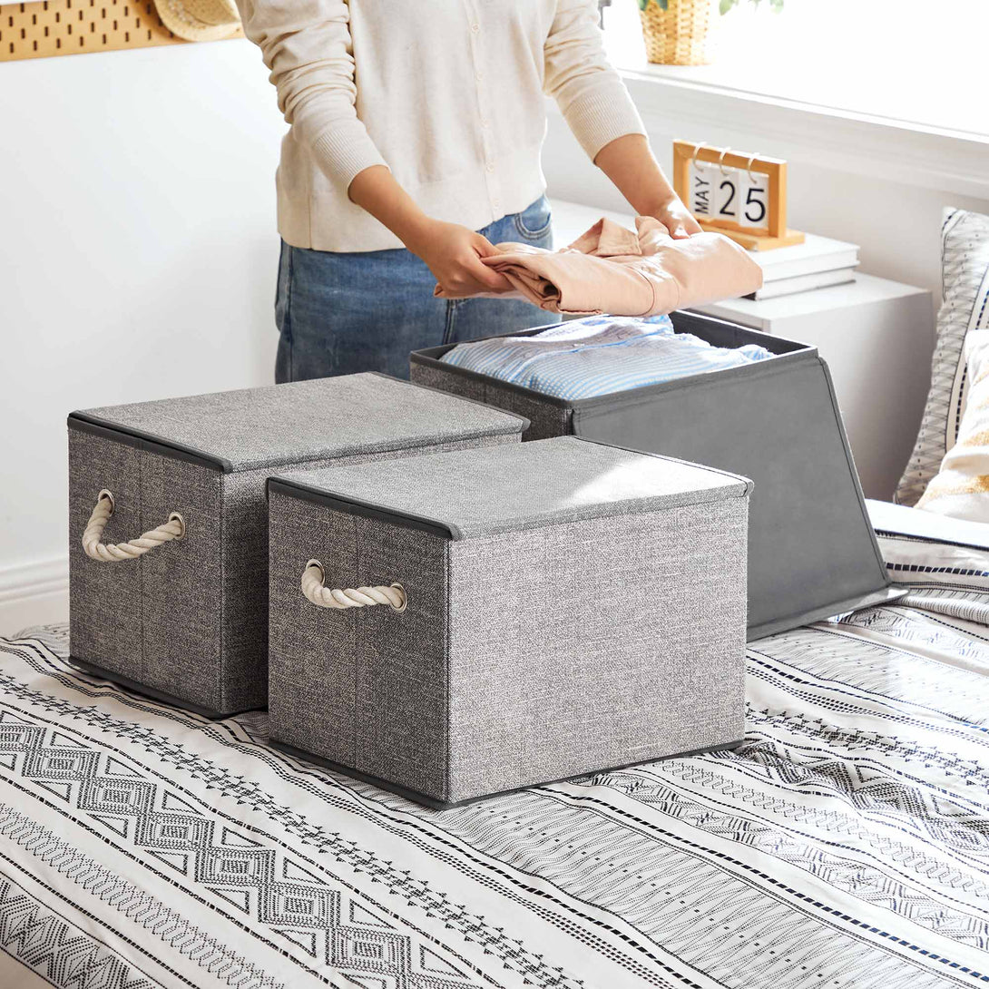 Úložné boxy s vekom, 3 ks, 38 x 25 x 25 cm, sivé-Vashome.sk