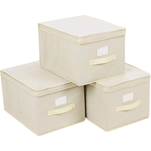 Úložné boxy s vekom, skladacie textilné krabice so štítkami, béžové | SONGMICS-Vashome.sk
