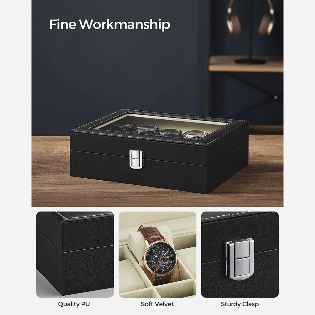 Uzamykateľný box na hodinky so skleneným vekom pre 10 ks hodiniek, čierny | SONGMICS