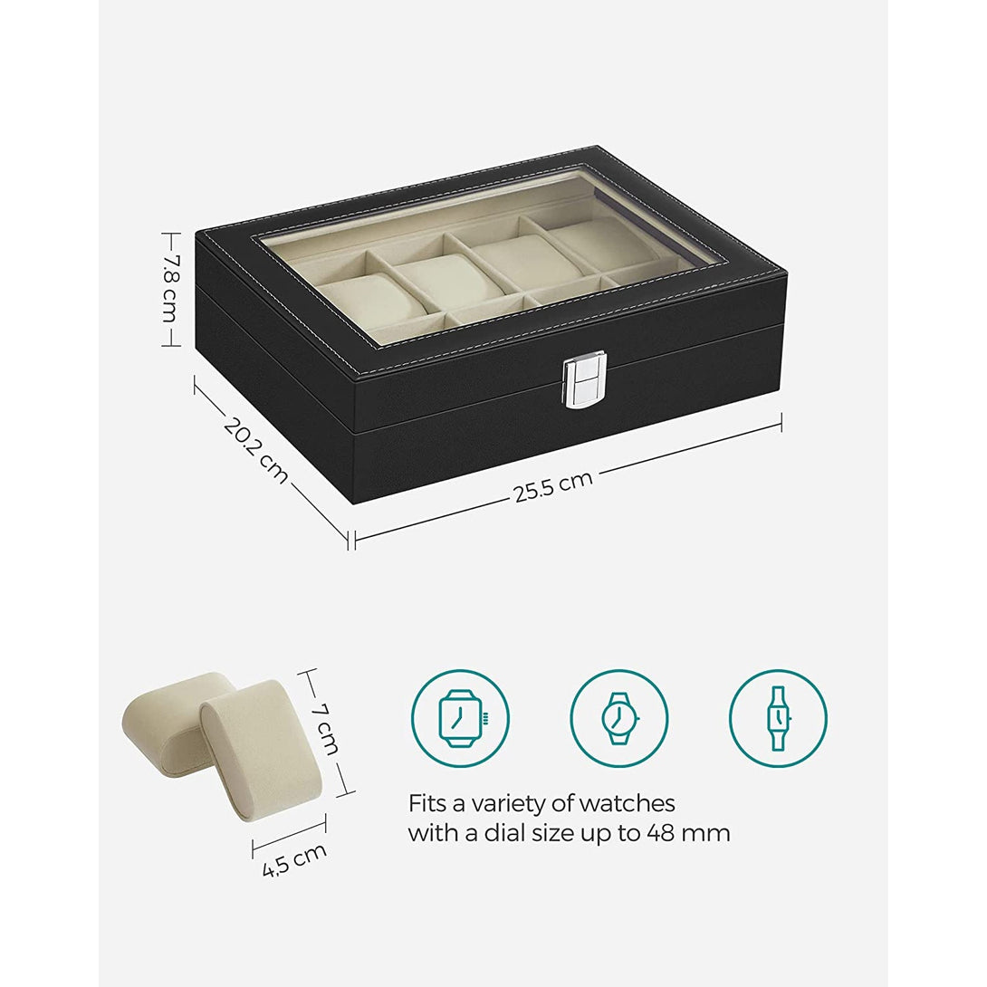 Uzamykateľný box na hodinky so skleneným vekom pre 10 ks hodiniek, čierny | SONGMICS