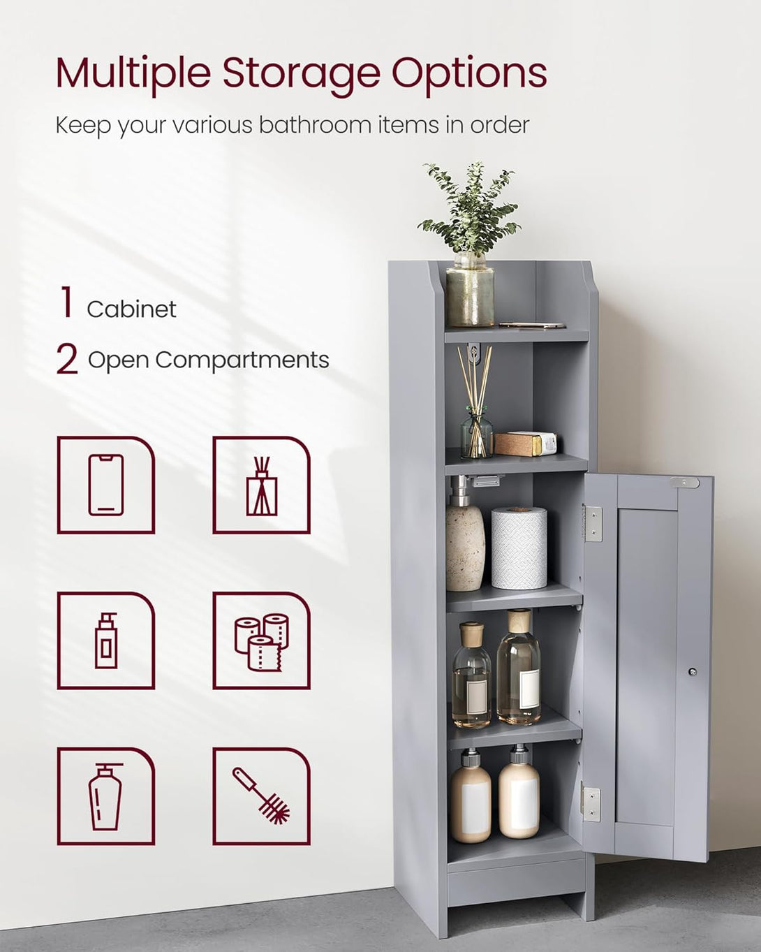 Úzka kúpeľňová podlahová úložná skrinka, voľne stojaca, 20 x 18 x 80 cm, sivá-Vashome.sk