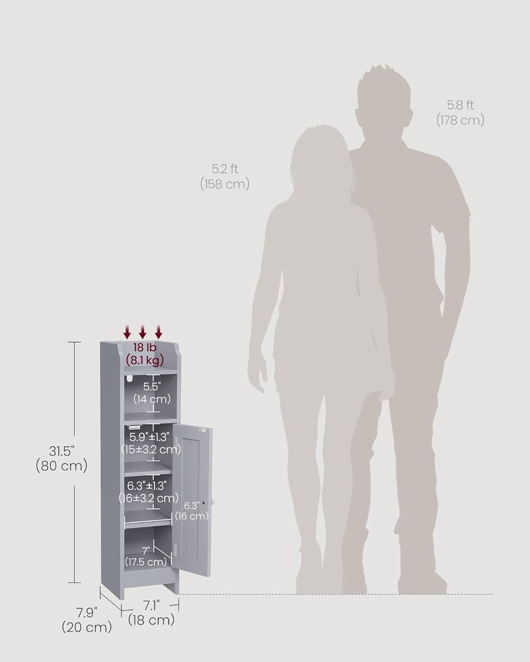 Úzka kúpeľňová podlahová úložná skrinka, voľne stojaca, 20 x 18 x 80 cm, sivá-Vashome.sk