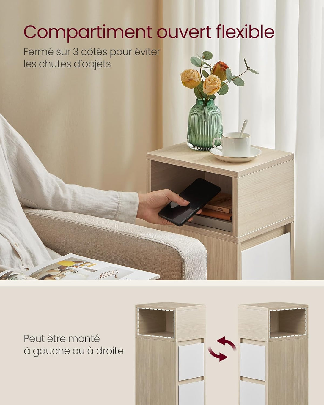 Úzky nočný stolík, 2 zásuvky, otvorený priestor, 30 x 25 x 65 cm, prírodná a biela farba-Vashome.sk