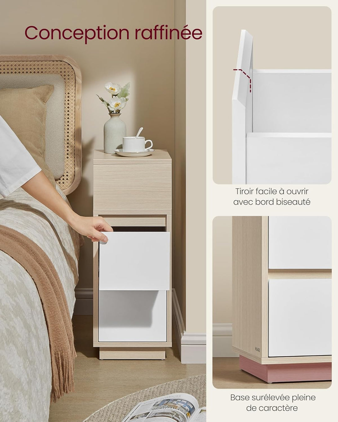 Úzky nočný stolík, 2 zásuvky, otvorený priestor, 30 x 25 x 65 cm, prírodná a biela farba-Vashome.sk