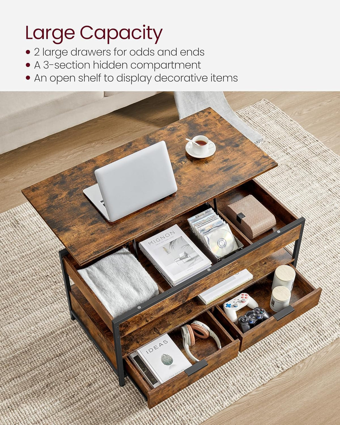 VASAGLE felnyitható fedelű dohányzóasztal rusztikus barna és tintafekete színben-Vashome.sk