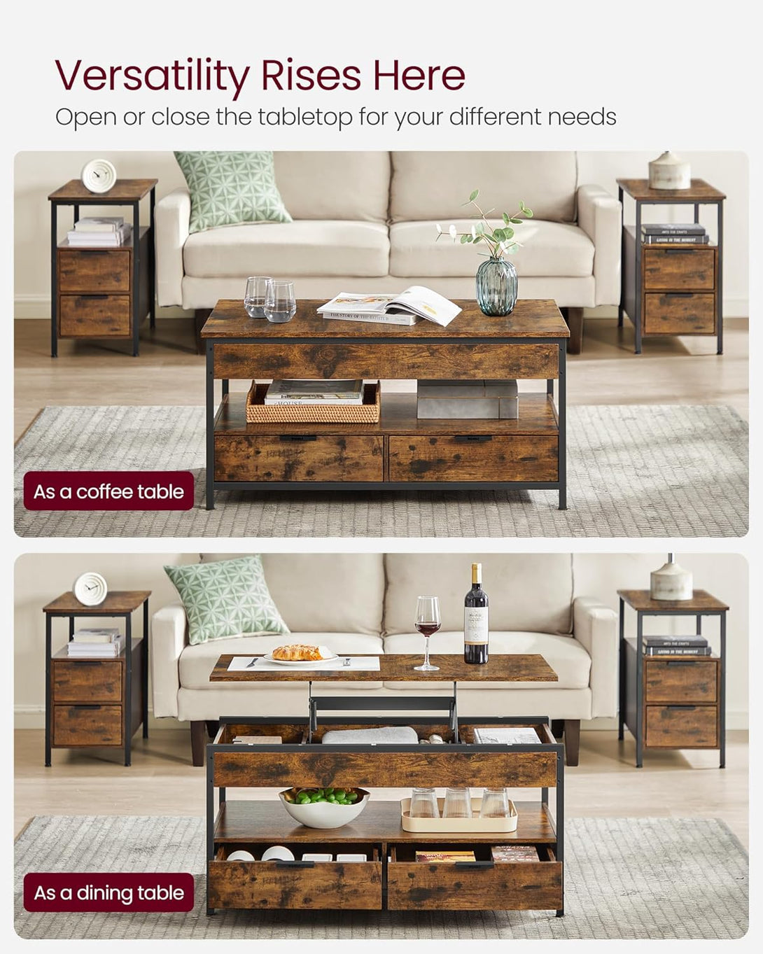 VASAGLE felnyitható fedelű dohányzóasztal rusztikus barna és tintafekete színben-Vashome.sk