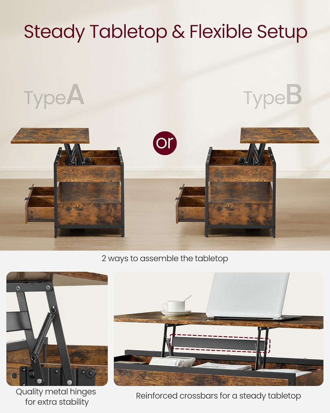 VASAGLE felnyitható fedelű dohányzóasztal rusztikus barna és tintafekete színben-Vashome.sk