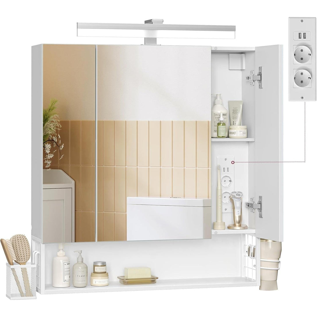 VASAGLE Fürdőszobaszekrény LED világítással, konnektorokkal, 16,5 × 70 × 75 cm, felhőfehér színben-Vashome.sk
