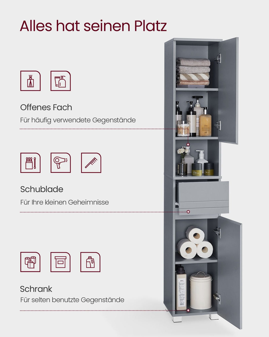 VASAGLE magas fürdőszobai szekrény 30×30×170 cm, misztikus szürke színben-Vashome.sk