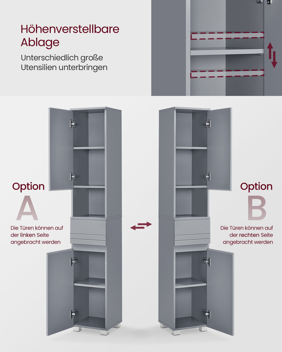 VASAGLE magas fürdőszobai szekrény 30×30×170 cm, misztikus szürke színben-Vashome.sk