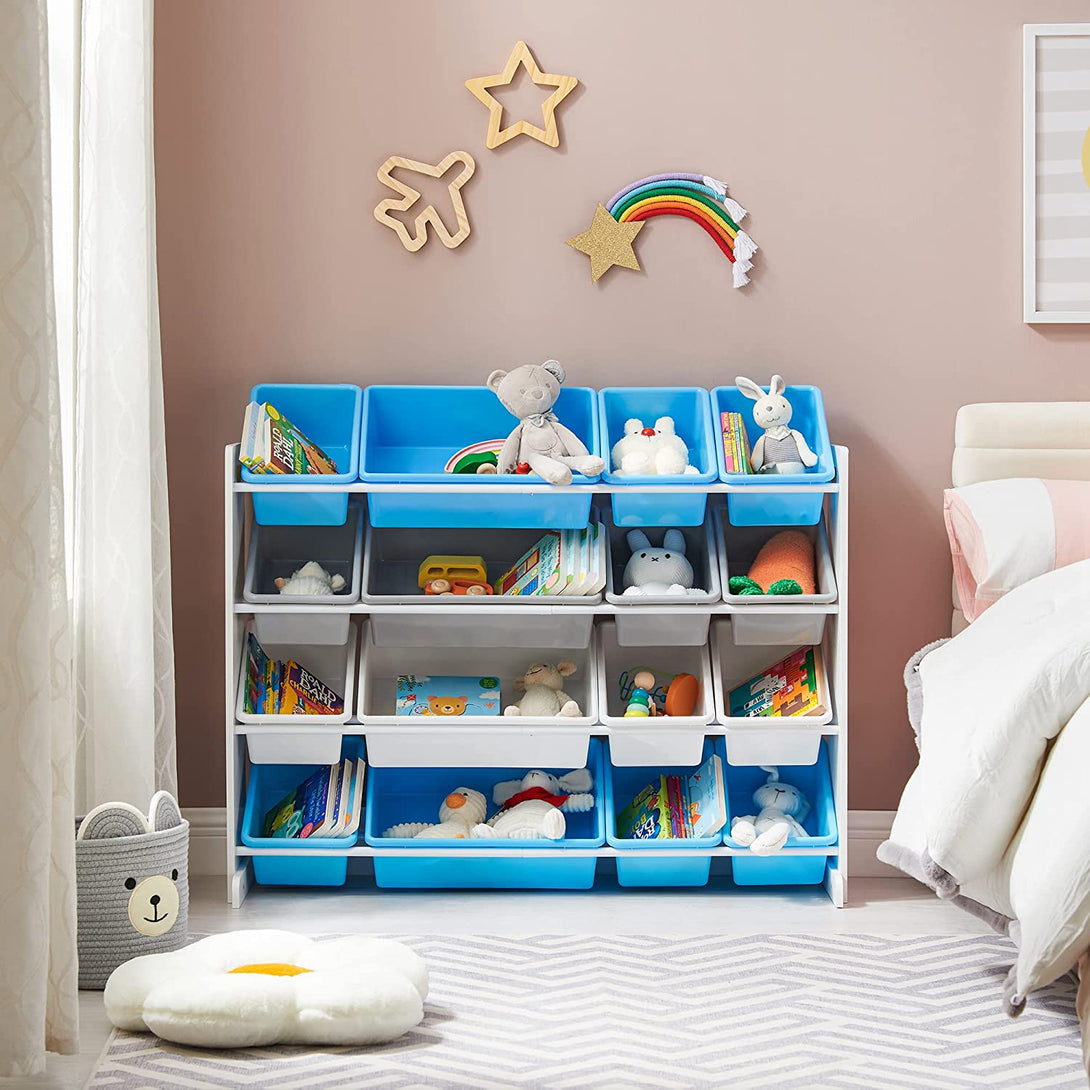 Veľký detský regál na hračky, so 16 plastovými boxmi v bielej, modrej a šedej farbe | SONGMICS
