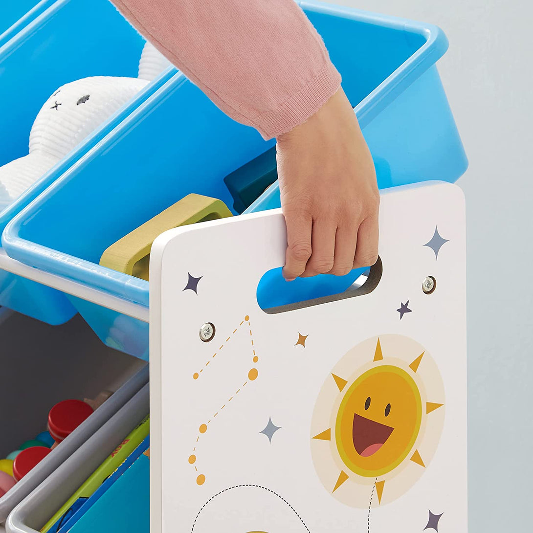 Veľký detský regál na hračky, so 16 plastovými boxmi v bielej, modrej a šedej farbe | SONGMICS