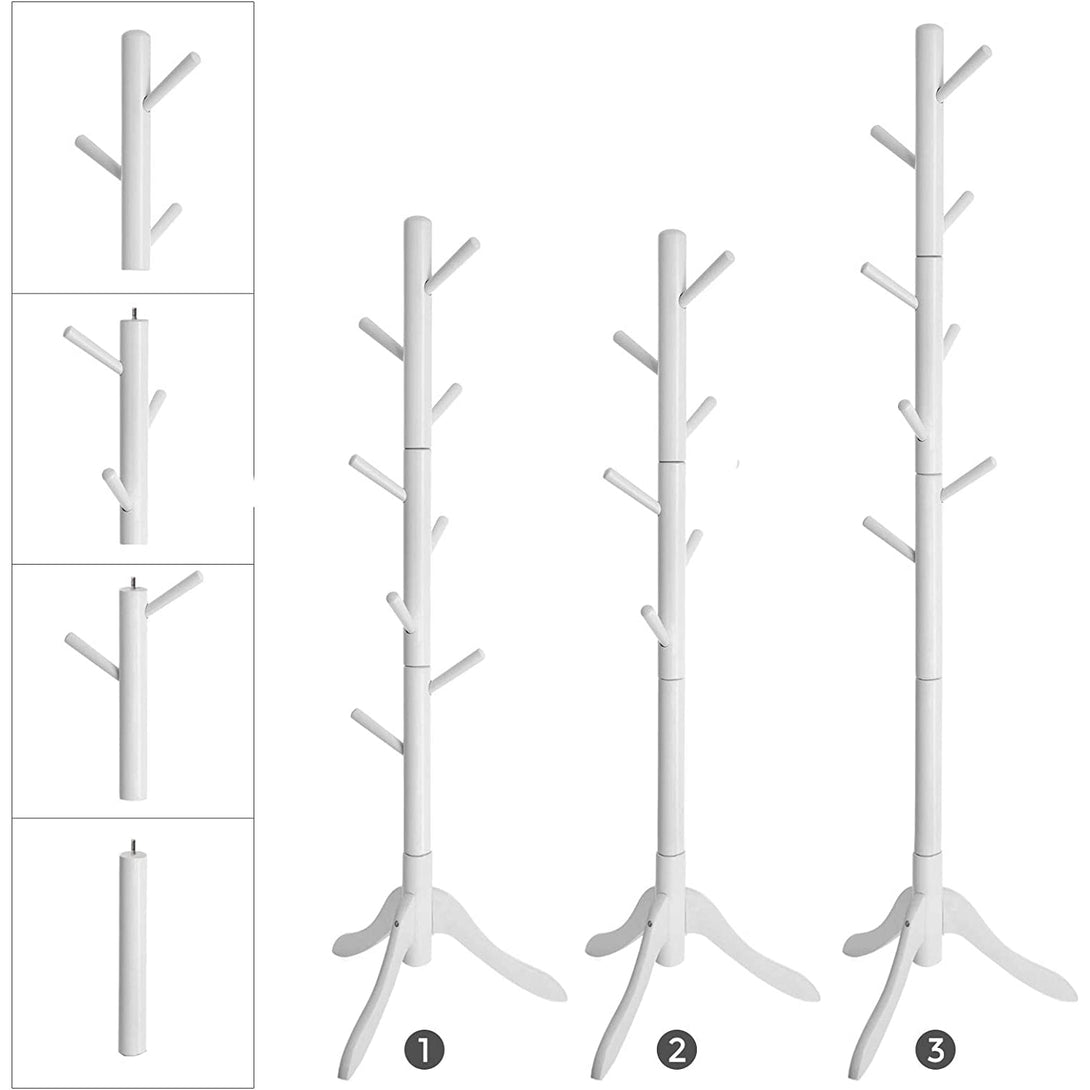 Vešiak na kabáty, stojan na kabáty z masívneho dreva s 8 háčikmi, biely | VASAGLE-Vashome.sk